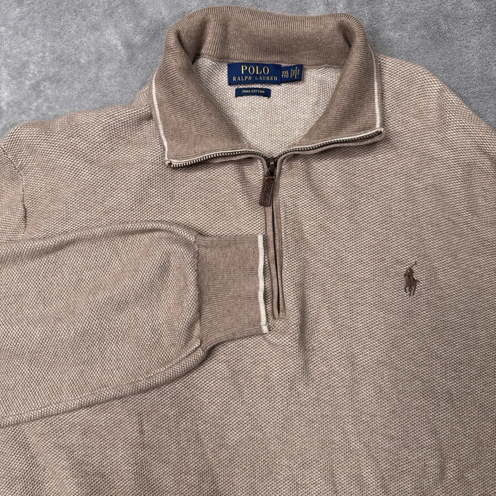 Polo Ralph Lauren Sweater Mens 2XL Beige Pima Cotton Half Zip Mock Neck Pullover